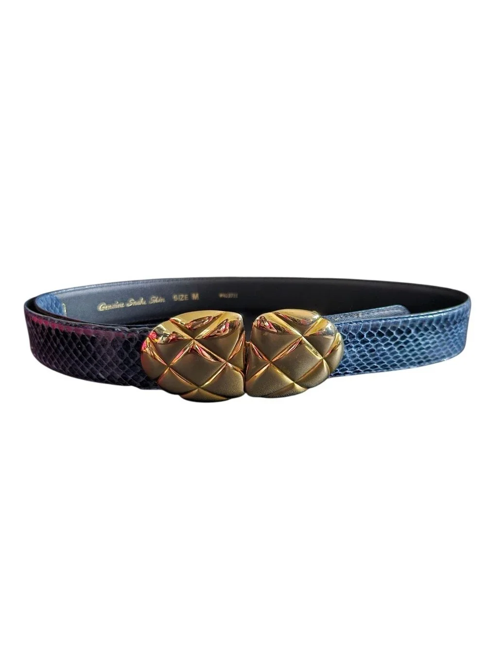 Vintage Amanda Smith Blue Snakeakin Leather Belt with Gold Knot Buckle Size M